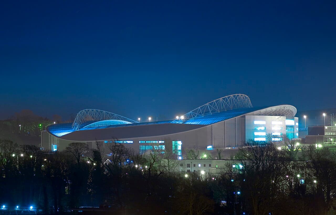 Wide view of the American Express Stadium pitch and stands before kick-off between Brighton and Arsenal