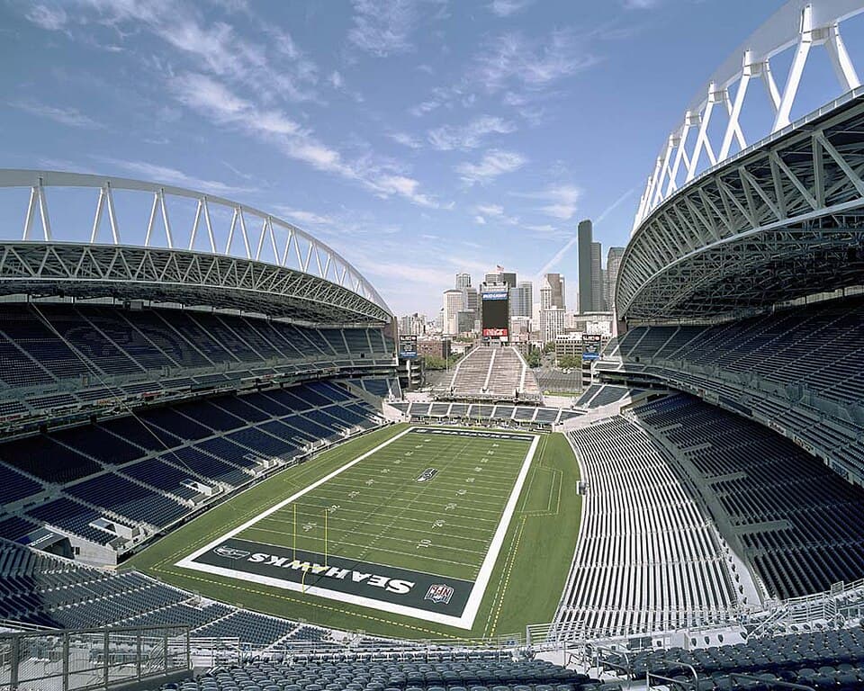 General view of Lumen Field stadium filled with fans ahead of an MLS match between Seattle Sounders and Real Salt Lake.