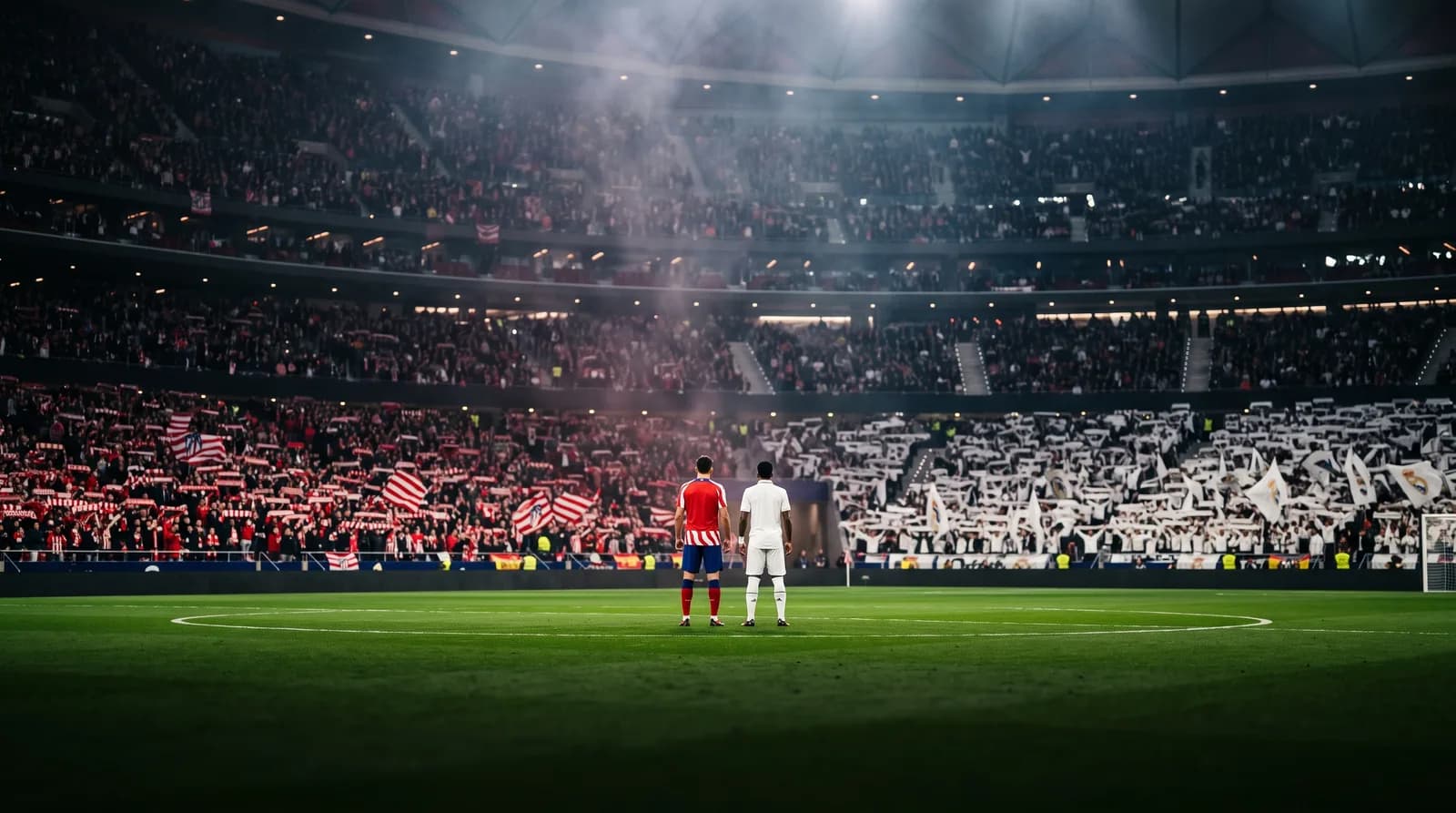 Madrid derby atmosphere: a red-and-white stand and a white stand with two players in the center circle