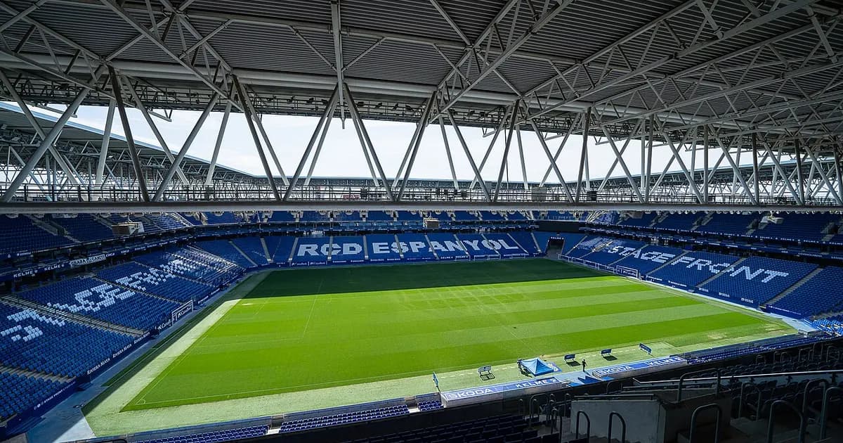 General view of the RCDE Stadium empty stands and pitch ahead of an Espanyol home match