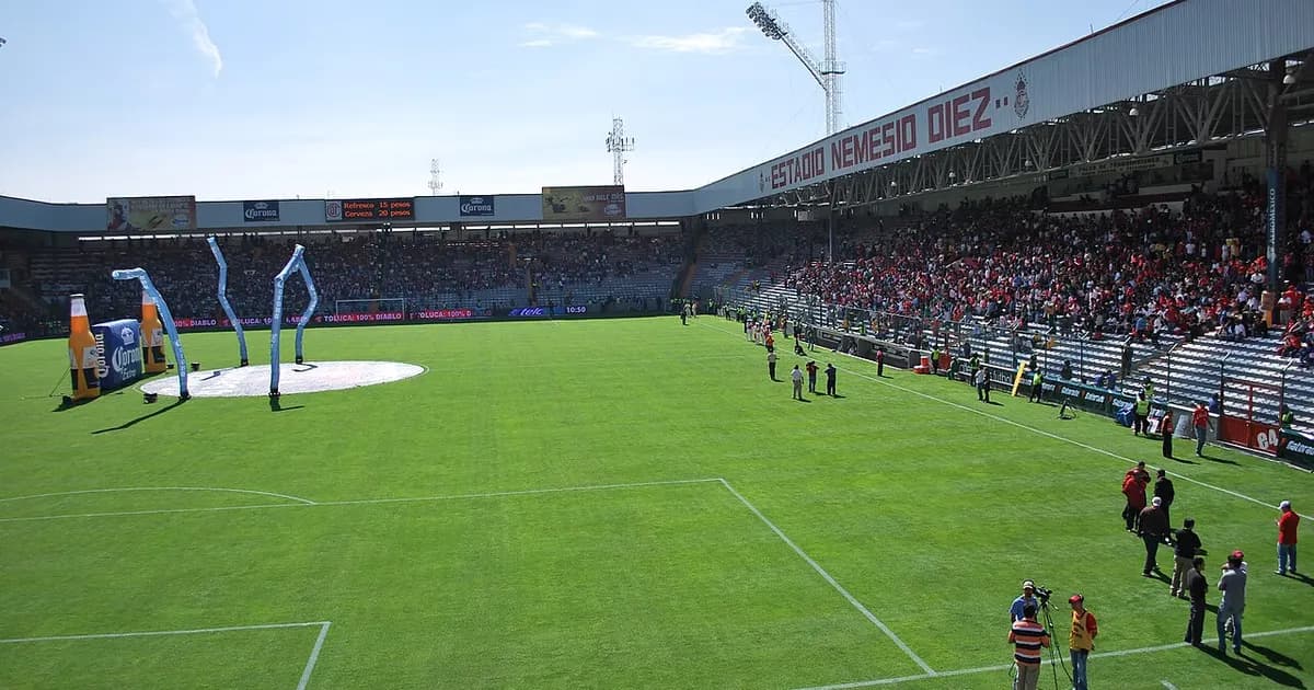 General view of a football stadium's pitch and stands before kickoff